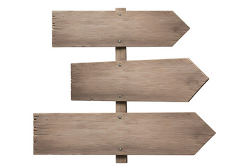 Blank wooden signpost with three arrows for directional guidance, isolated on white background for design versatility