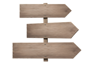 Blank wooden signpost with three arrows for directional guidance, isolated on white background for design versatility