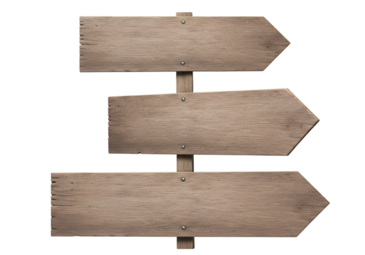 Blank wooden signpost with three arrows for directional guidance, isolated on white background for design versatility