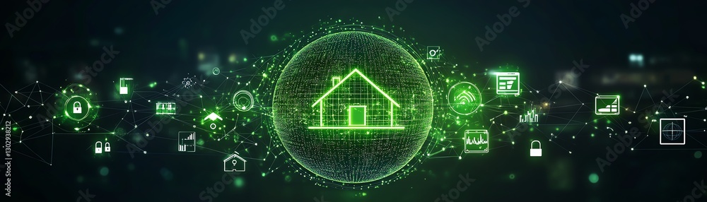 Poster glowing green globe representing a digital global network, displaying icons for home, person, and ch