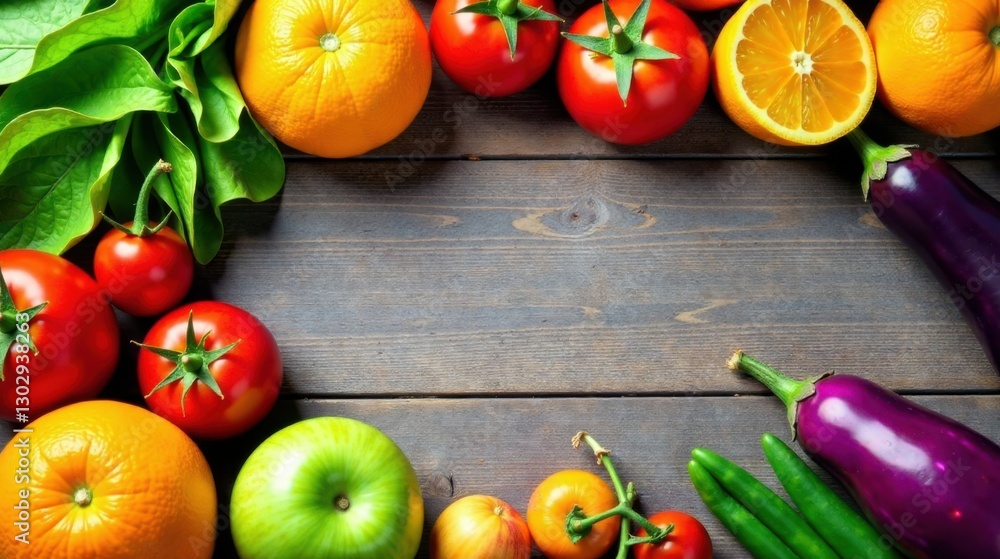 Poster vibrant assortment of fresh fruits and vegetables arranged on a rustic wooden surface, creating a he