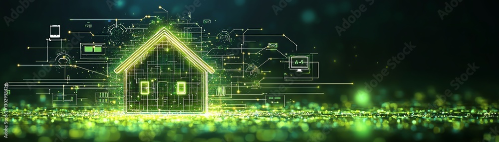 Poster green glowing globe displaying a digital earth with network connections, including home and person i