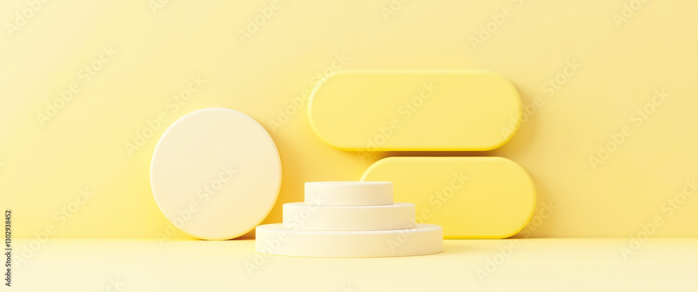 Poster pastel yellow and three-dimensional shapes on a minimalist background