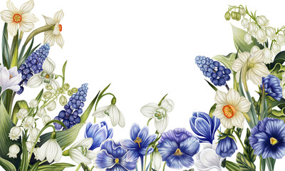 Frame with spring flowers. Watercolor pansy, snowdrops, lily of the valley, muscari, daffodils. Floral banner template. Print for card with primroses. Floral border in blue and white tones