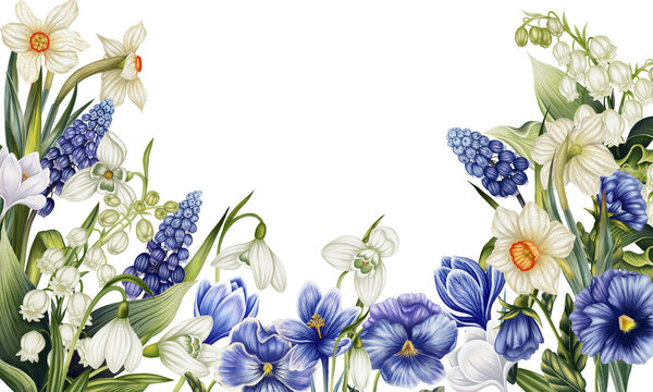 Frame with spring flowers. Watercolor pansy, snowdrops, lily of the valley, muscari, daffodils. Floral banner template. Print for card with primroses. Floral border in blue and white tones