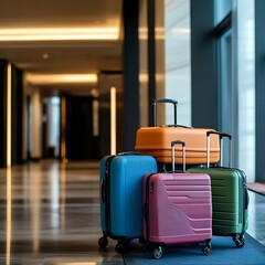 Colorful Suitcases in Hotel Corridor