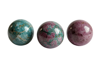 Colorful polished gemstone spheres in shades of blue, green, and pink showcasing natural textures and captivating patterns