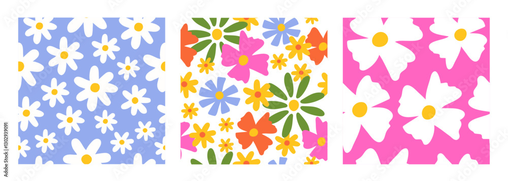 Poster set seamless patterns with colorful groovy daisy flowers. vector illustration.