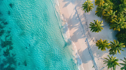 Aerial view of a stunning tropical beach with clear turquoise water and palm trees