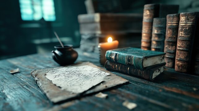 Close-up of an old handwritten book covered in cobwebs, surrounded by dust and antique objects in a forgotten study