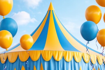 Whimsical carnival tent with vibrant blue and yellow stripes, balloons and streamers in a playful circus setting under a bright sky