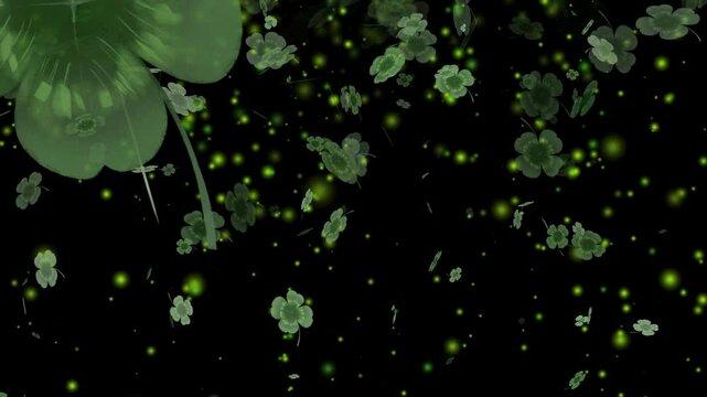 Lucky shamrocks, shiny stars and glowing glittering particles on a dark green gradient background. This Saint Patrick's Day celebration party background. On an alpha channel, transparent background .