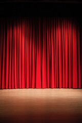 Dramatic stage with vibrant red curtains against a dark backdrop, ready for a performance