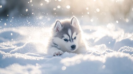 Adorable Baby Husky Puppy Playing Joyfully in Snow, Fluffy Coat Gleaming in Sunlight