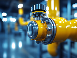 Fototapeta premium Detailed View of a Yellow Valve and Pipeline in an Industrial Setting Showcasing Modern Engineering Techniques and Robust Design