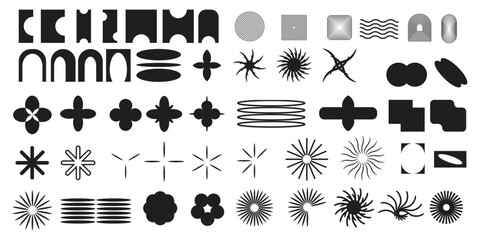 Brutalist Abstract Geometric shapes and grids, Brutal contemporary figure star oval spiral flower and other primitive elements. Bauhaus memphis design.