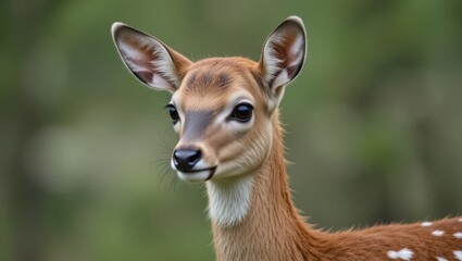 Fototapeta premium Portrait of a Young Fawn with Soft Features and Ears Alert in a Green Forest Background