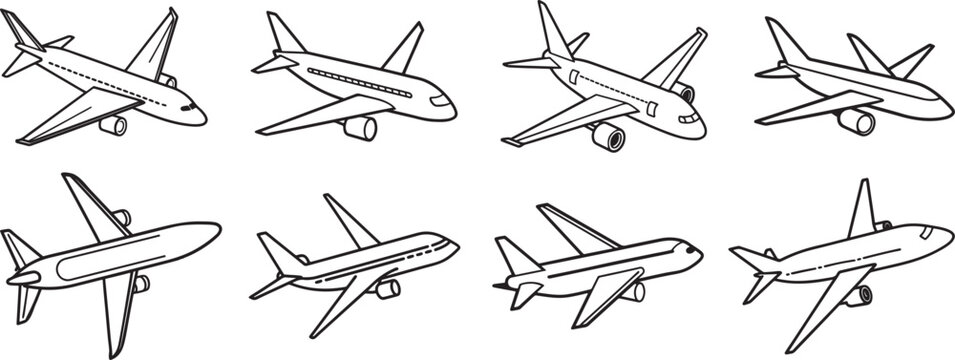 set of aircraft line art, black outline, vector and illustration, coloring book page line art drawing