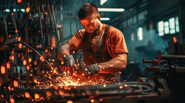 Blacksmith Crafting Steel in Workshop with Sparks Flying