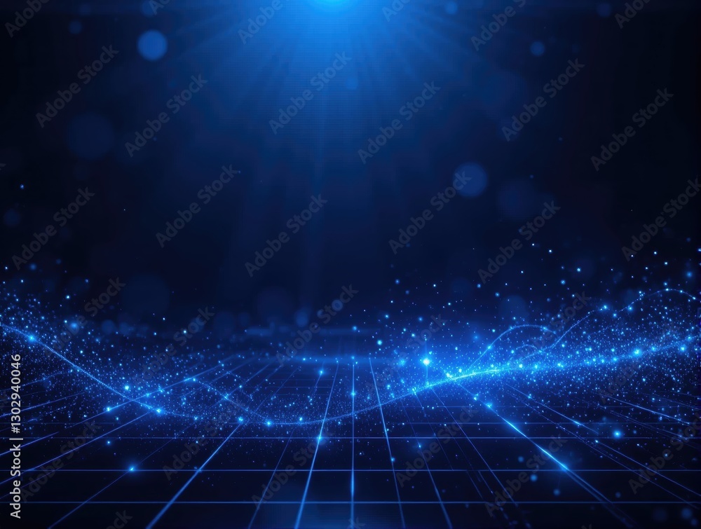 Poster abstract blue digital background with sparkling particles and glowing wave effect
