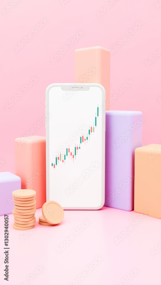 Poster smartphone displaying upward trending candlestick chart with stacks of coins
