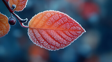 Frosty autumn leaf, close-up, blurred background, nature photography