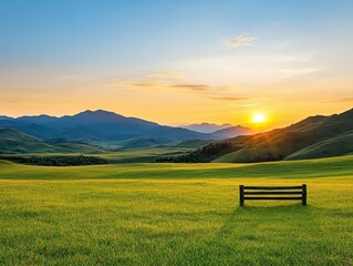 Serene sunset over rolling hills with a solitary bench in the foreground