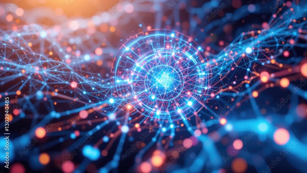 Poster abstract visualization of digital data network with glowing connections and blue light effects