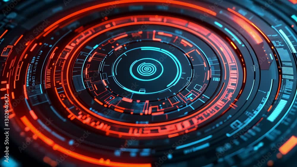 Poster futuristic abstract technology design featuring glowing circular patterns in red and blue, showcasin