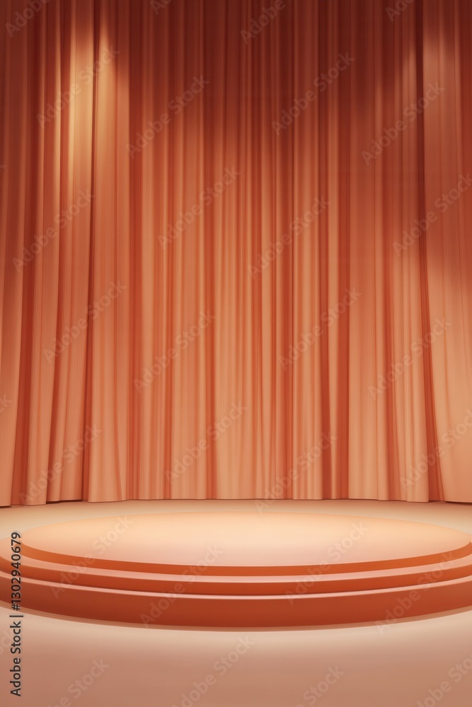 Poster elegant stage with a peach-colored curtain backdrop and a three-tiered platform stage in matching co