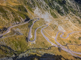 Aerial view of the spectacular curves of the Transfagarasan road in Romania in summer.