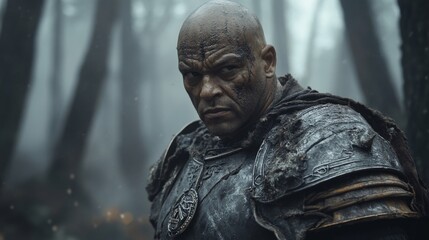 battle-scarred warrior standing in a foggy forest, wearing worn armor, serious expression, atmospheric scene