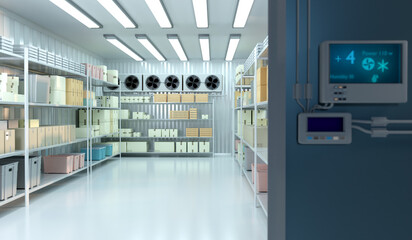 cold storage room with shelves stocked with boxes and containers. Cooling fans and a digital temperature control panel ensure precise climate conditions. refrigeration -  storage shelves