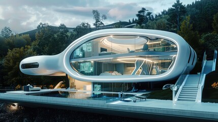 Obraz premium Modern Futuristic House in Serene Woodland Setting
