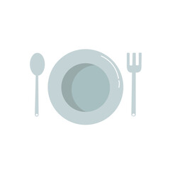 Spoon, fork and plate isolated on white background