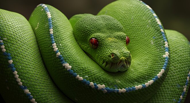 Green Tree Python Coiled Close-up with Red Eyes and Scale Details