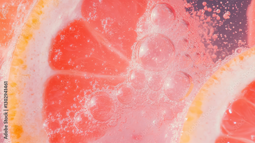 Poster refreshing pink grapefruit soda texture with bubbles for beverage design