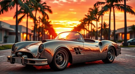 Silver vintage car parked in a tropical city street during a vibrant sunset or sunrise scenery.