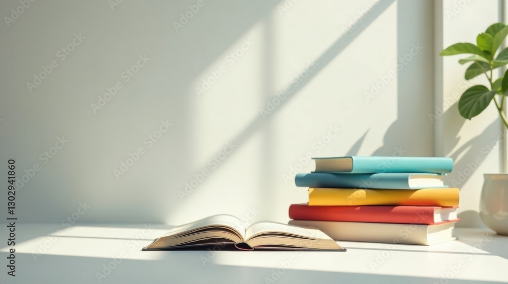 Leinwandbilder sunlit study open book and stack of colorful books on a table