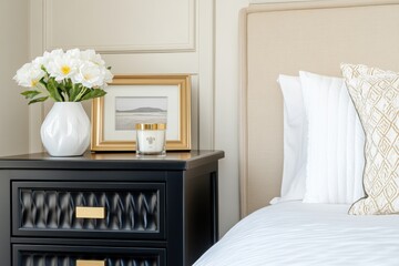 Stylish bedside table with black and gold design featuring a modern flower vase and scented candle in a contemporary bedroom setting