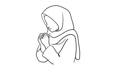 Young muslim woman in burqa prays, continuous line art drawin. Oriental girl in traditional clothes. Vector illustration isolated on white background 