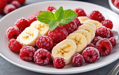 A fresh fruit platter featuring vibrant raspberries and sliced bananas, garnished with a mint leaf, perfect for a healthy snack or dessert.