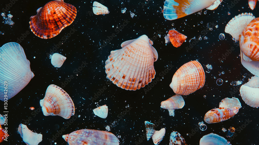 Poster overlay texture of seashells with various shapes on a dark background