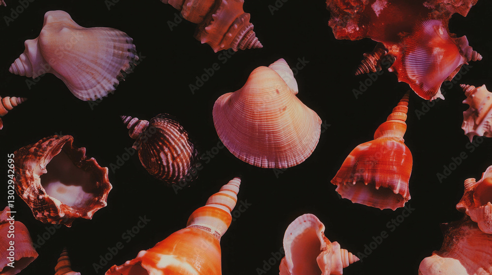 Poster vibrant overlay texture of seashells in various shapes for beach theme design