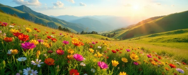 Sun-kissed wildflowers carpet a rolling hillside , carpet, scenic, field