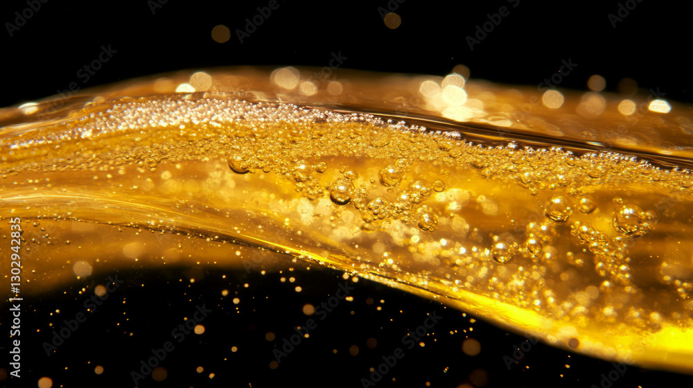 Poster sparkling apple cider texture with bubbles on black background