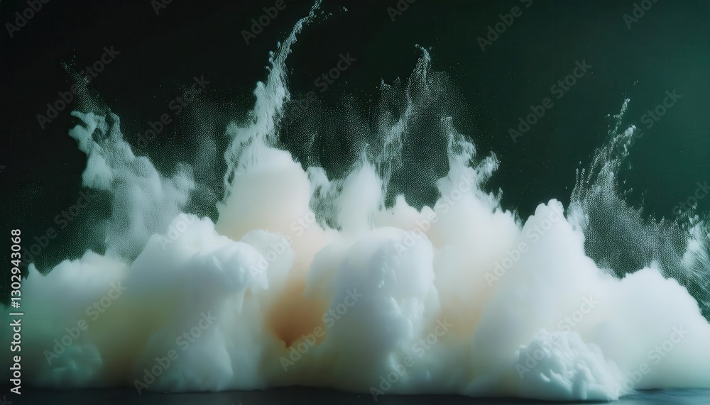 Poster ethereal explosion of white foam in dark atmosphere, abstract surreal cloudburst with fine particle dispersion, dreamlike visual for artistic and conceptual background