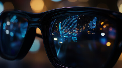 Close-up of futuristic glasses with digital city lights reflecting on the screen at night, showcasing wearable technology and high-tech spectacles for digital innovation and modern urban lifestyle.