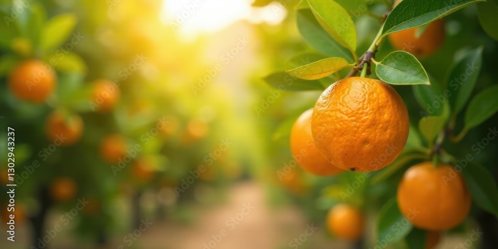 Aufkleber sunlit orchard ripe oranges hanging from lush green branches, rows of trees extending into a golden 