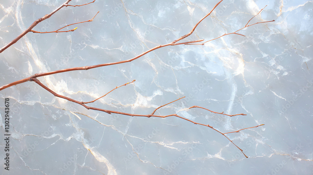 Poster delicate thin tree branches overlay on ice texture for nature design inspiration